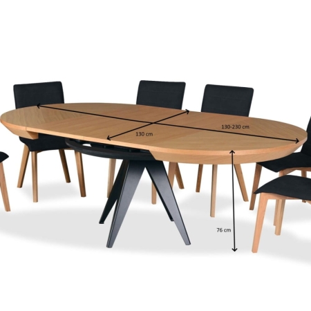 Stół LISA rozłożony do 230 cm z czarnymi krzesłami – wymiary | ewoodland.pl