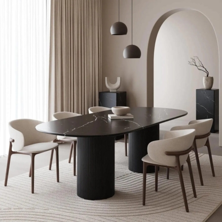 Stół owalny Maggie, marmurowy blat, noga z litego dębu - czarny