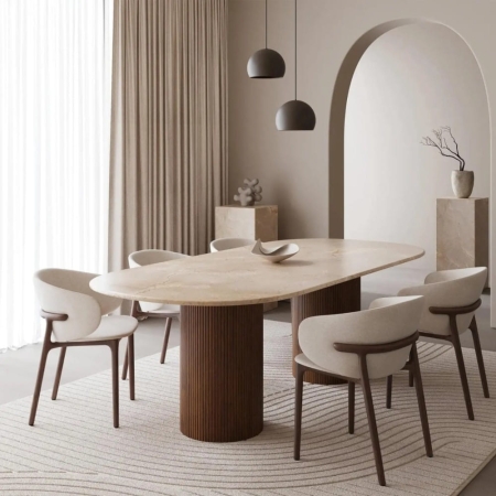 Stół owalny Maggie, marmurowy blat, noga z litego dębu - aranżacja