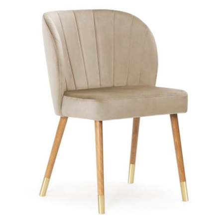 Krzesło tapicerowane SHELLY PLUS BL – widok boczny, nogi dębowe i złote capsy ewoodland.pl