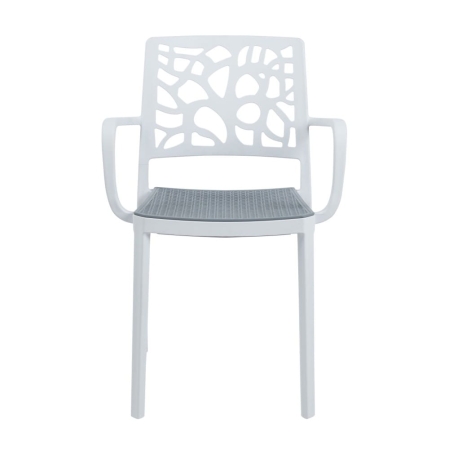 Krzesło ogrodowe NOLI białe ażurowe oparcie, szare siedzisko, podłokietniki, ewoodland.pl - widok przodu.