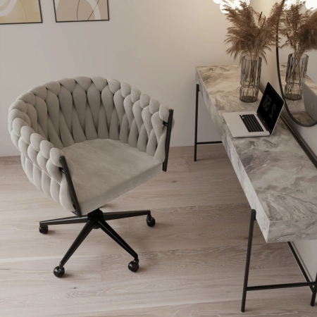 Krzesło ROSSE taupe z czarną nogą w nowoczesnej aranżacji salonu lub gabinetu SPA, widok z góry