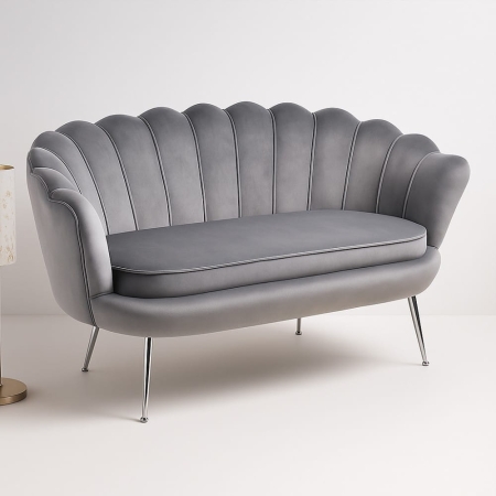 Sofa MUSZELKA - szary welur - srebrne nóżki - ewoodland.pl - widok ogólny