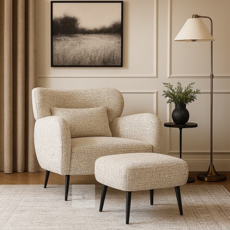 Podnóżek tapicerowany BUENO, tkanina COCO - aranżacja z fotelem dla ewoodland.pl