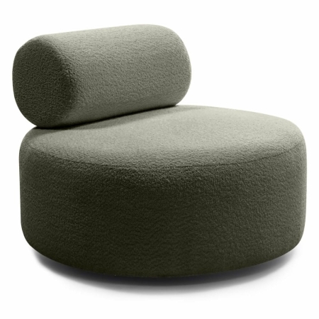 Fotel boucle w kolorze zielonej oliwki – widok z profilu – ewoodland.pl