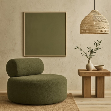 Fotel boucle w kolorze zielonej oliwki w aranżacji japandi z naturalnym drewnem i rattanową lampą – ewoodland.pl