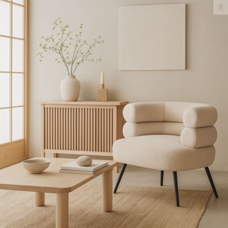 Fotel LEYA beżowy w aranżacji w stylu japandi – jasne drewno i naturalna paleta barw ewoodland.pl