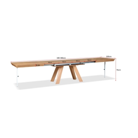 stół Milano Oak rozkładany 180–380 × 100 cm wysokość 76 cm wymiary ewoodland.pl