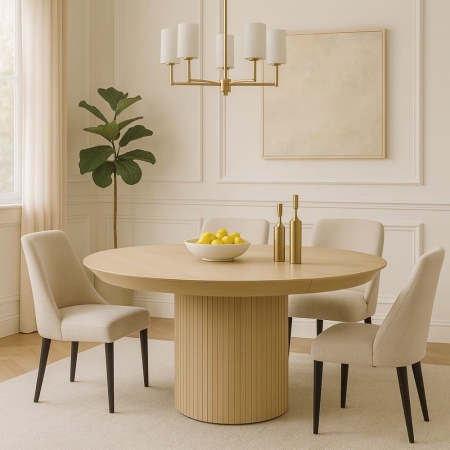 Stół POLA OAK w aranżacji wnętrza w stylu japandi – fornir dębowy, blat 130 cm, ryflowana podstawa ewoodland.pl