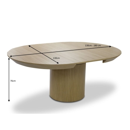 Stół okrągły POLA OAK rozkładany 130–180 cm z ryflowaną podstawą, naturalny fornir dębowy – zdjęcie z wymiarami ewoodland.pl