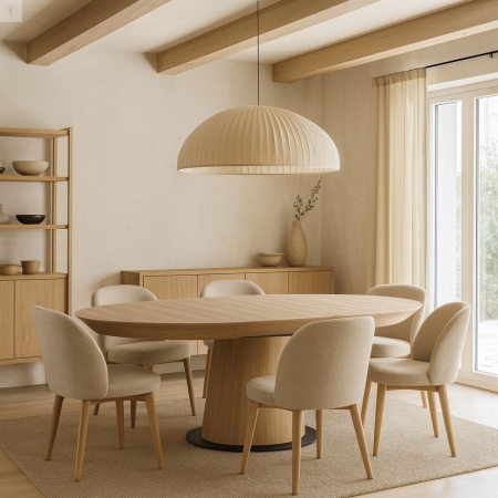 Stół okrągły ELEN 130 cm DD1 - w aranżacji jadalni w stylu japandi ewoodland.pl