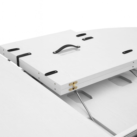 Blat stołu Pola w białym wykończeniu – zbliżenie na mechanizm rozkładania | ewoodland.pl