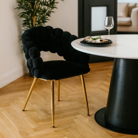 Krzesło tapicerowane BUBBLE, czarny velvet, złote nogi - aranżacja dla ewoodland.pl