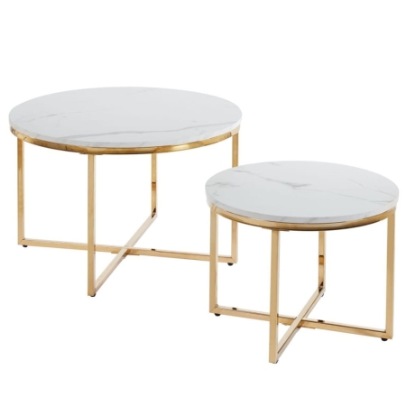 Zestaw stolików kawowych MARBLE DUO, okrągłe, imitacja białego marmuru, złote nogi, ewoodland.pl