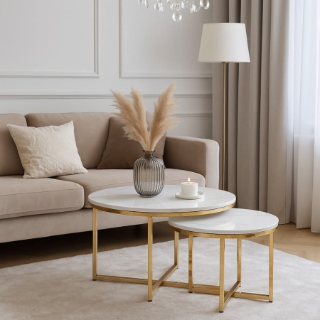 Zestaw stolików kawowych MARBLE DUO, okrągłe, imitacja białego marmuru, złote nogi - aranżacja dla ewoodland.pl