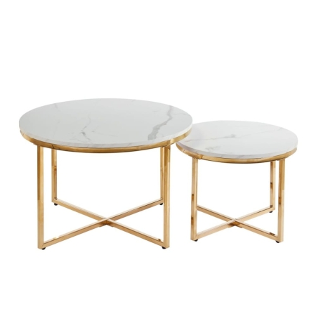 Zestaw stolików kawowych MARBLE DUO, okrągłe, imitacja białego marmuru, złote nogi - front, ewoodland.pl