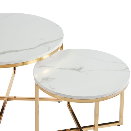 Zestaw stolików kawowych MARBLE DUO, okrągłe, imitacja białego marmuru, złote nogi - zbliżenie, ewoodland.pl