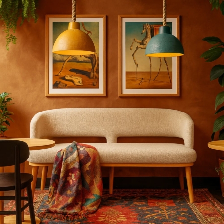 Ławka tapicerowana ALKMAAR – aranżacja w kawiarni, tkanina Bouclé Copenhagen – ewoodland.pl