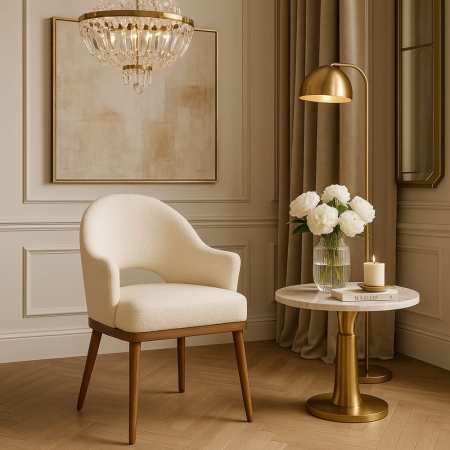 Krzesło bouclé przy okrągłym stoliku – mosiądz, drewno orzech