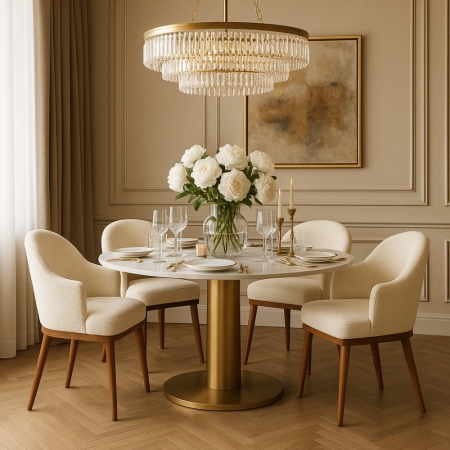 Krzesła bouclé przy okrągłym stole – elegancka jadalnia, mosiądz, drewno orzech