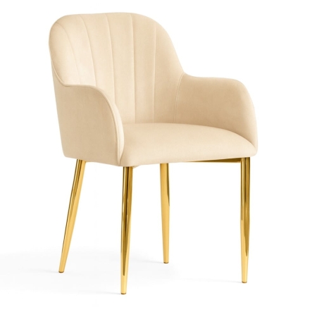 Eleganckie krzesło tapicerowane Tulip Glamour, kremowy velvet, złote nogi w połysku