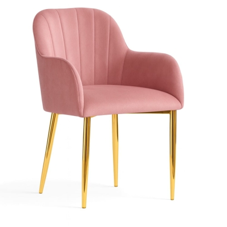 Eleganckie krzesło tapicerowane Tulip Glamour, różowy velvet, złote nogi w połysku