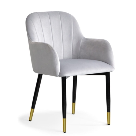 Eleganckie krzesło tapicerowane Tulip Glamour, srebrny velvet, czarno-złote nogi