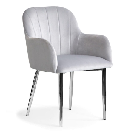 Eleganckie krzesło tapicerowane Tulip Glamour, srebrny velvet, srebrne nogi w połysku