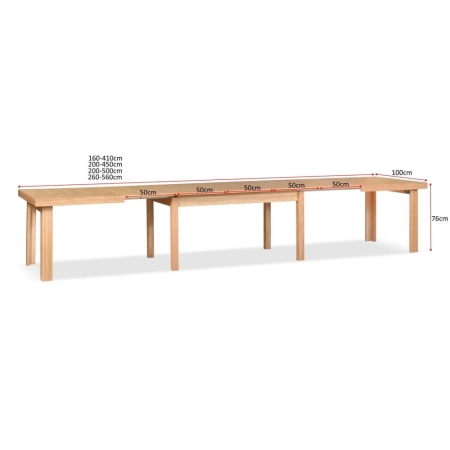 Stół EVA prostokątny rozkładany 200–500 cm fornir dębowy widok front z wymiarami – ewoodland.pl