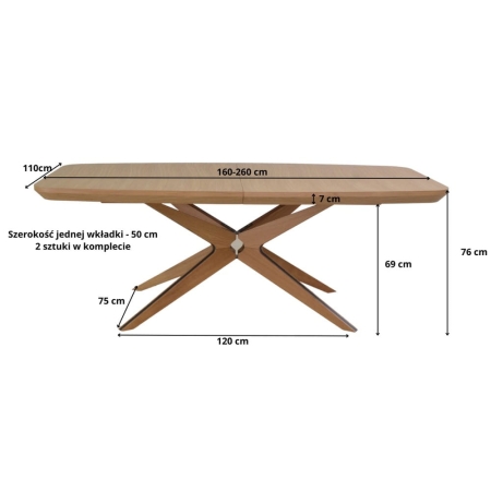 Stół MARTIN OAK 110–260 cm – widok z przodu, wymiary | ewoodland.pl