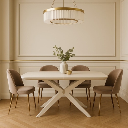 Stół z forniru dębowego Martin, lakierowany na kolor kaszmirowy - aranżacja dla ewoodland.pl