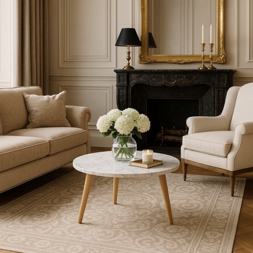 Przejdź do produktu Stolik kawowy MODENA Ø70 – biały marmur i jasne drewno mango