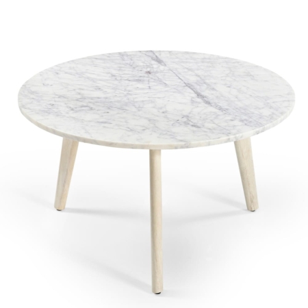 Elegancki stolik kawowy z marmurowym blatem, nogi z drewna mango bielone - widok od góry