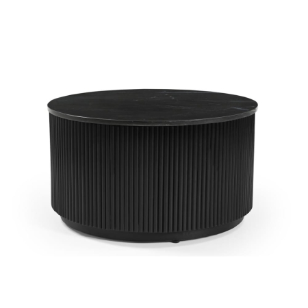 Okrągły stolik kawowy Treviso, blat z naturalnego czarnego marmuru, podstawa z drewna mango w czarnym kolorze - widok ogólny