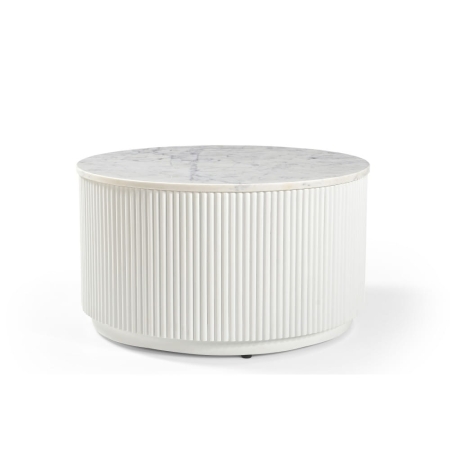 Okrągły stolik kawowy Treviso, blat z naturalnego białego marmuru, podstawa z drewna mango w białym kolorze - widok ogólny