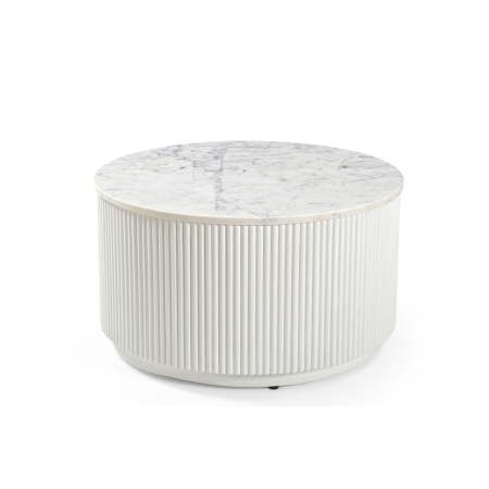 Okrągły stolik kawowy Treviso, blat z naturalnego białego marmuru, podstawa z drewna mango w białym kolorze - widok od góry