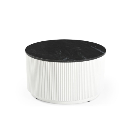 Elegancki stolik kawowy Treviso - czarny marmur naturalny, biała podstawa z drewna mango - widok od góry