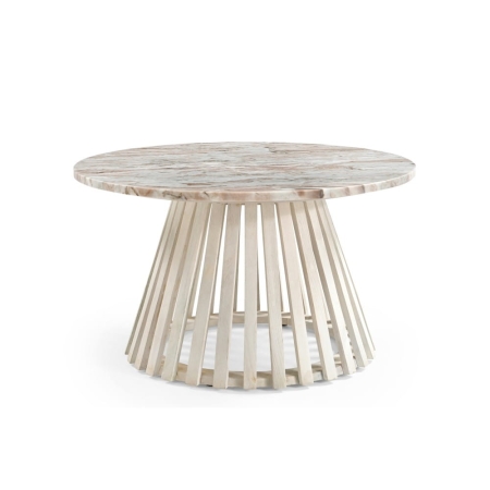 Okrągły stolik kawowy Lucca, szary marmur, podstawa z lameli (bielone drewno mango) - ewoodland.pl