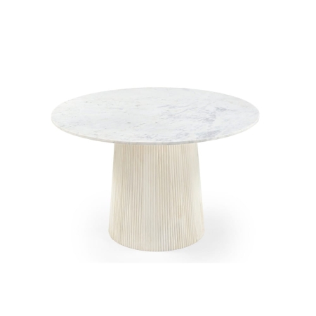 Okrągły stół Scanno, blat z białego marmuru, noga ryflowana z białego drewna mango