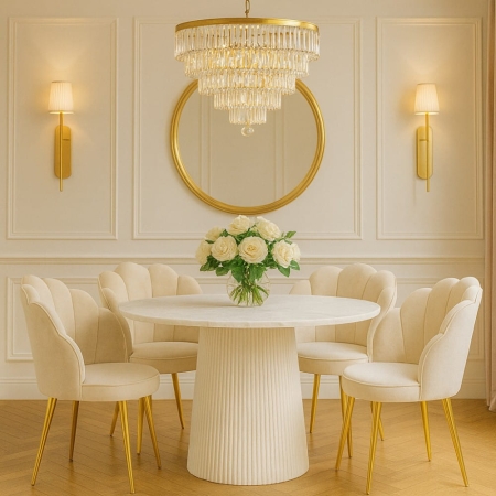 Okrągły stół Scanno, blat z białego marmuru, noga ryflowana z białego drewna mango - aranżacja dla ewoodland.pl