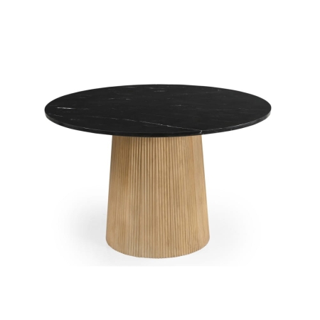 Okrągły stół Scanno, blat z czarnego marmuru, noga ryflowana z jasnego drewna mango