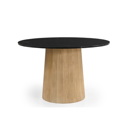 Okrągły stół Scanno, blat z czarnego marmuru, noga ryflowana z jasnego drewna mango