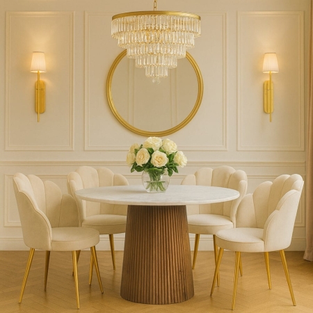 Okrągły stół Scanno, blat z białego marmuru, noga ryflowana z brązowego drewna mango - aranżacja dla ewoodland.pl