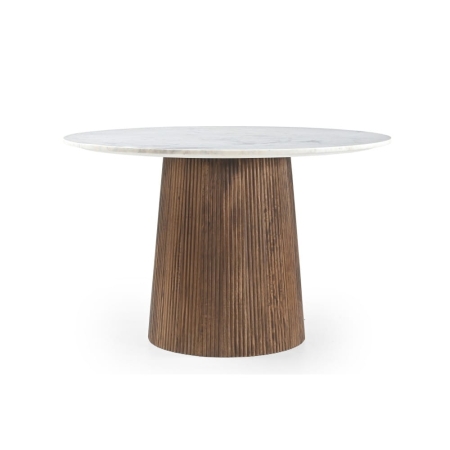 Okrągły stół Scanno, blat z białego marmuru, noga ryflowana z brązowego drewna mango