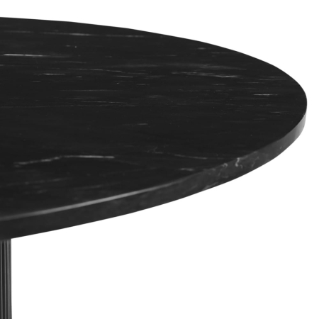 Okrągły stół Roma, blat z czarnego marmuru, biała ryflowana noga w czarnym kolorze - zbliżenie