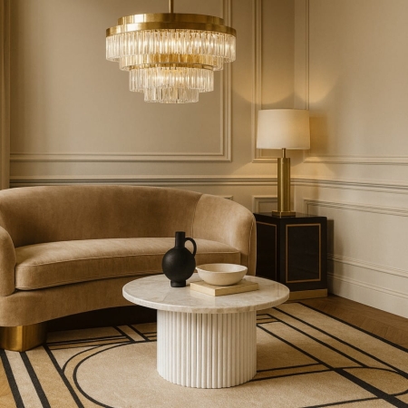 Stolik kawowy z białego marmuru ROMA, okrągły blat 70 cm, ryflowana noga - aranżacja dla ewoodland.pl