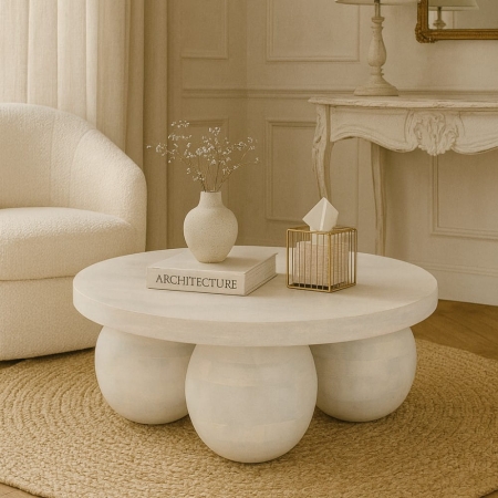 Stolik kawowy z litego drewna mango Siena, biały niejednolity (perła) - aranżacja dla ewoodland.pl