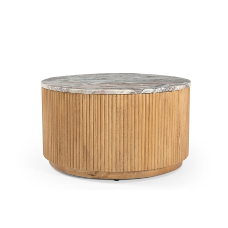 Okrągły stolik kawowy Treviso, marmurowy blat, ryflowana podstawa z drewna mango - ewoodland.pl