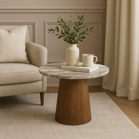 Stolik kawowy Trento fi 60 - w aranżacji eleganckiego salonu z sofą ewoodland.pl