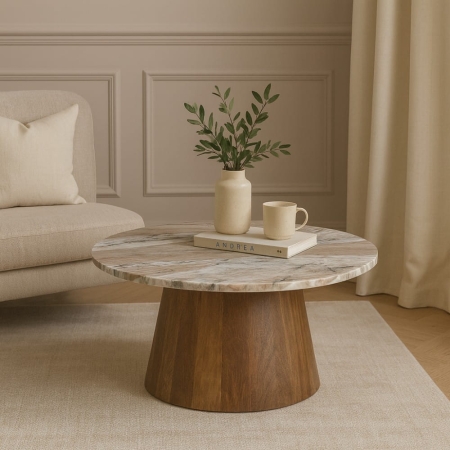Stolik kawowy Trento fi 80 - w aranżacji nowoczesnego salonu z sofą ewoodland.pl